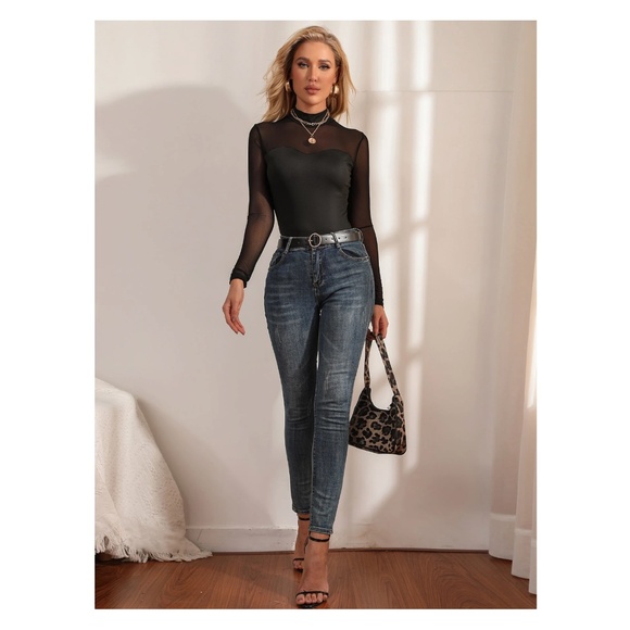 Black Long Sleeve Slim Fit Shirt Top Sheer Mesh Insert - Picture 6 of 8